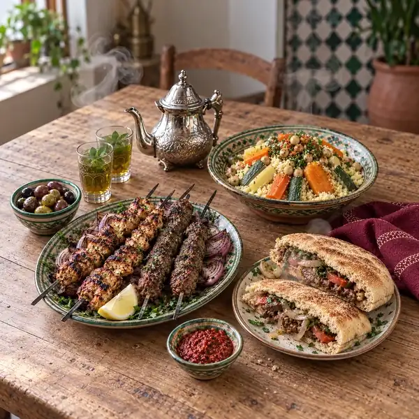 A Moroccan spread with steam rising: grilled kefta and chicken brochettes, couscous with vegetables, kefta sandwiches in batbout, olives, harissa, and mint tea
